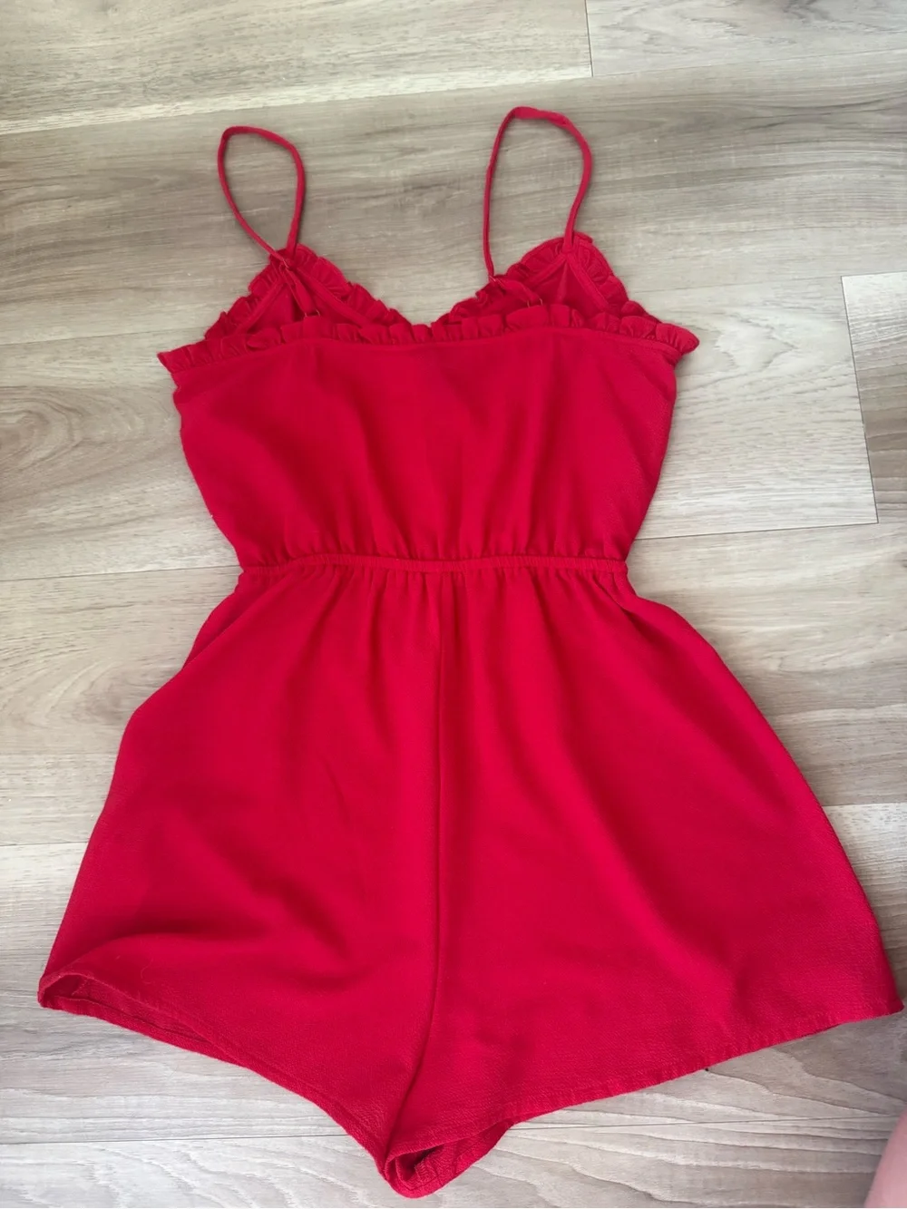 Divided Red Mini Romper with Ruffle Trim - Picture 3 of 3